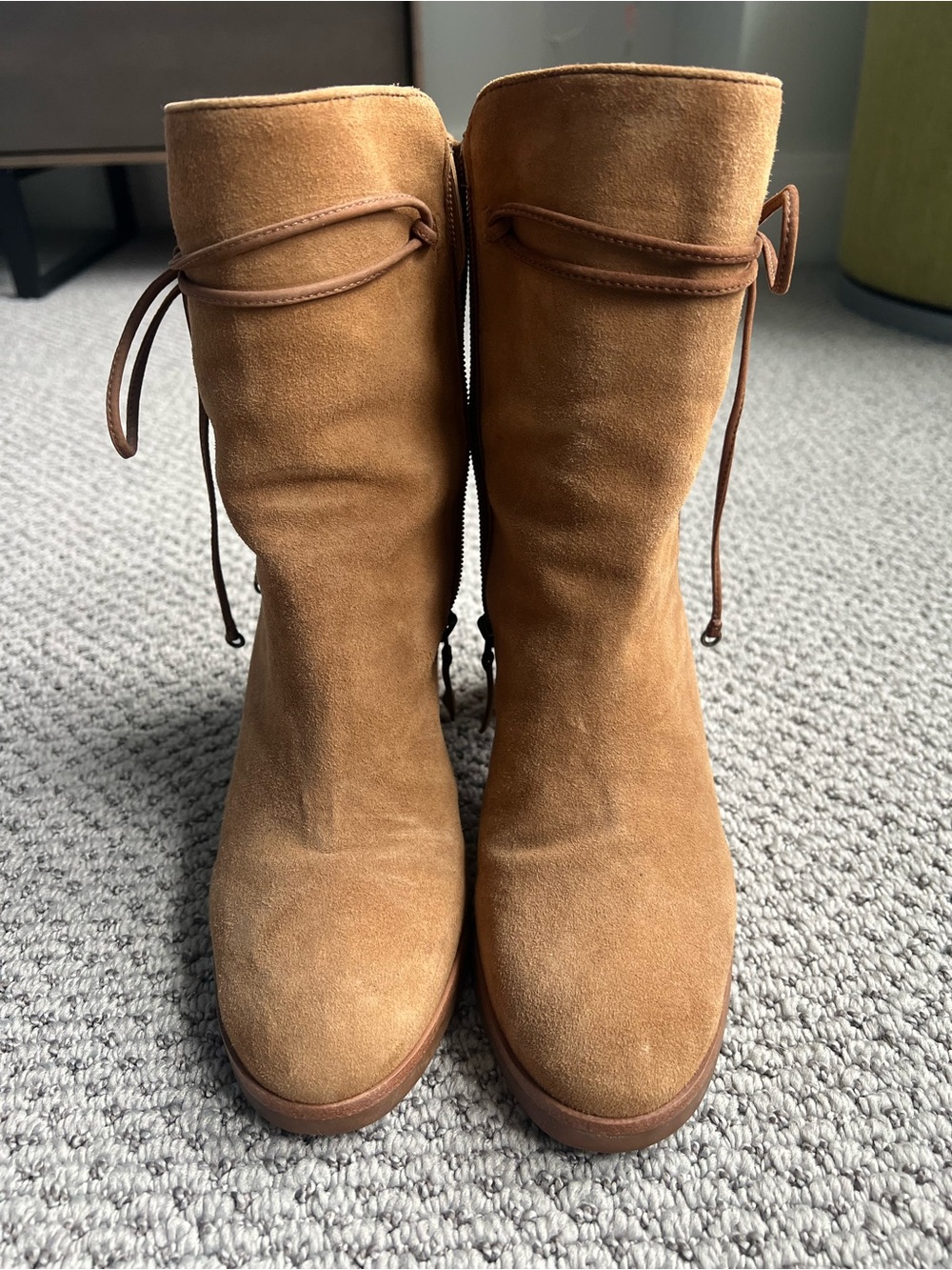 Johnston & Murphy Cognac Suede Mid-Calf Lace-Up Heeled Boots